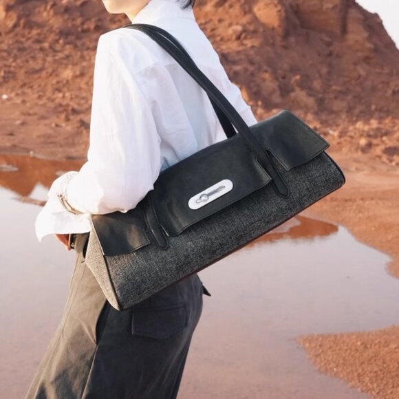Structured Shoulder Bag – Genuine Leather & Fabric Tote...